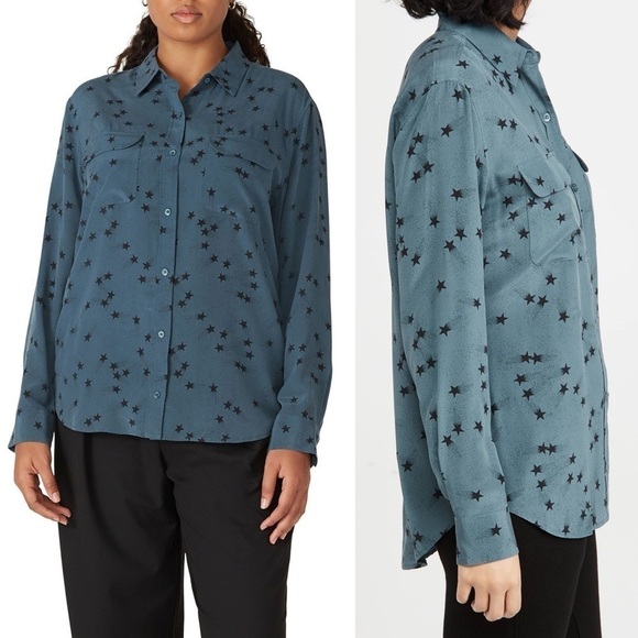 EQUIPMENT FEMME Teal Silk Star Print Long Sleeve Button Up Signature Blouse M - Picture 7 of 16